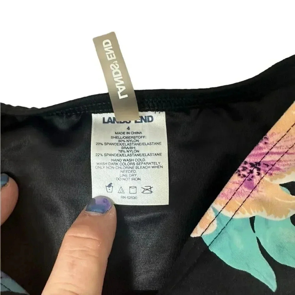 Lands End tankini black swimsuit top with hibiscus floral print - Picture 7 of 7